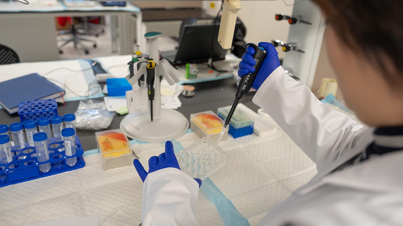 Postdoctoral researcher Shuya Mei pipettes in the laboratory of Asst. Prof. Joyce Chen.