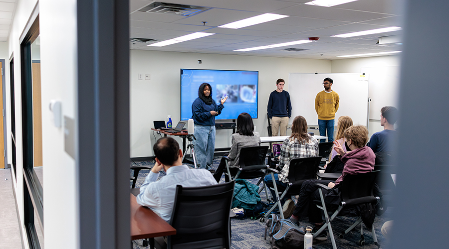Students present for an Engineering Design capstone course