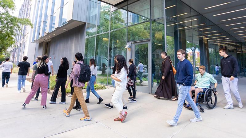 Students walk out of Eckhardt