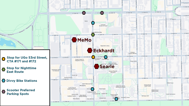 Bus, scooter, and bike dock locations