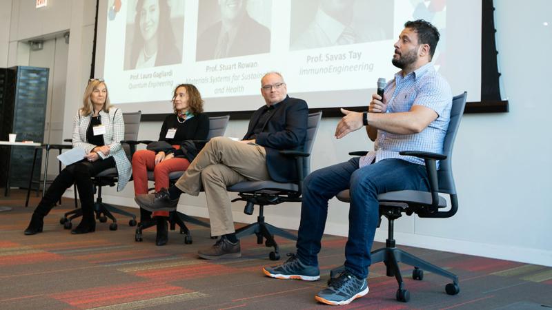 Three faculty members and a moderator