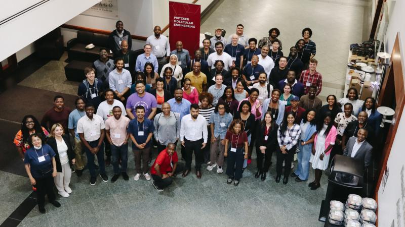 Overhead shot of a group of scientists
