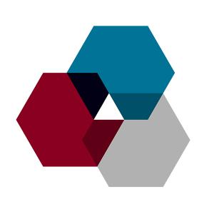 Three interlocking hexagons with a small white triangle in the middle. Hexagons are blue, maroon, and light gray