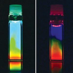 Two vials with multicolored liquids