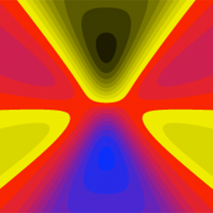 Abstract, symmetrical heatmap-style visualization with bright red, yellow, and blue gradients radiating from the center, resembling interference patterns or energy contours—evoking driven-dissipative dynamics and complex interactions typical of engineered quantum systems studied at the intersection of condensed matter physics, quantum optics, and quantum information.