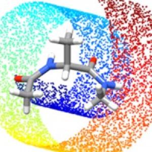 Logo for the Ferguson Lab featuring a molecular structure centered over a colorful gradient background, representing research in chemistry, molecular science, and advanced materials at the intersection of theory and experiment.