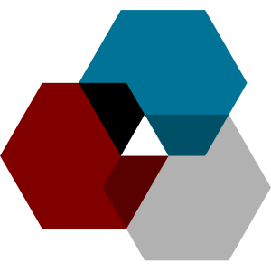 Three interlocking hexagons with a small white triangle in the middle. Hexagons are blue, maroon, and light gray