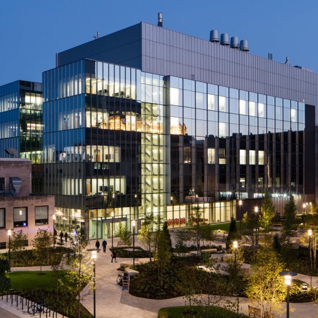 Research buildings at dusk