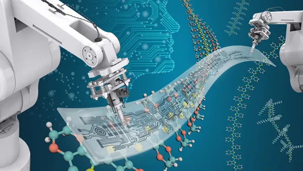Depiction of robots etching semiconductors