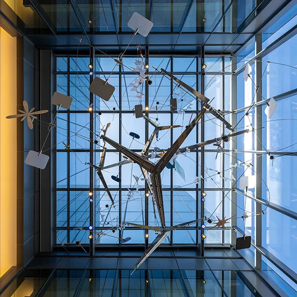 View looking up at mobile structure in eckhardt research center