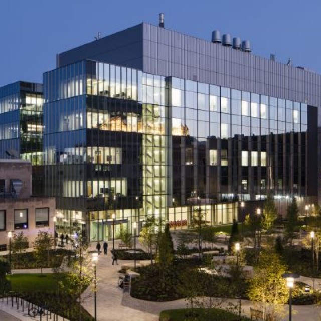 Research buildings at dusk