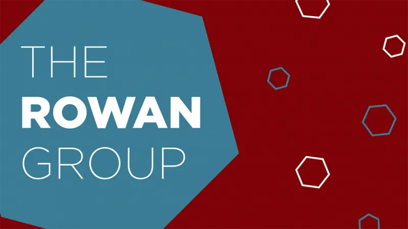 Graphic with the text “The Rowan Group” in white over a large blue geometric shape on a dark red background. Smaller outlined hexagon shapes in white and blue are scattered across the design.