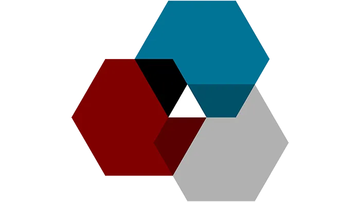 Three interlocking hexagons with a small white triangle in the middle. Hexagons are blue, maroon, and light gray
