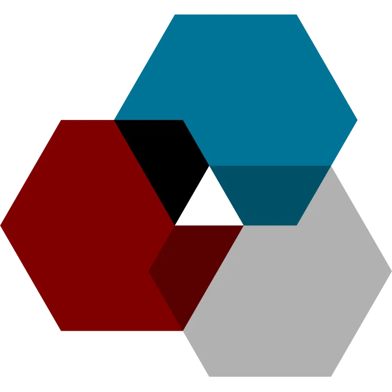 Three interlocking hexagons with a small white triangle in the middle. Hexagons are blue, maroon, and light gray
