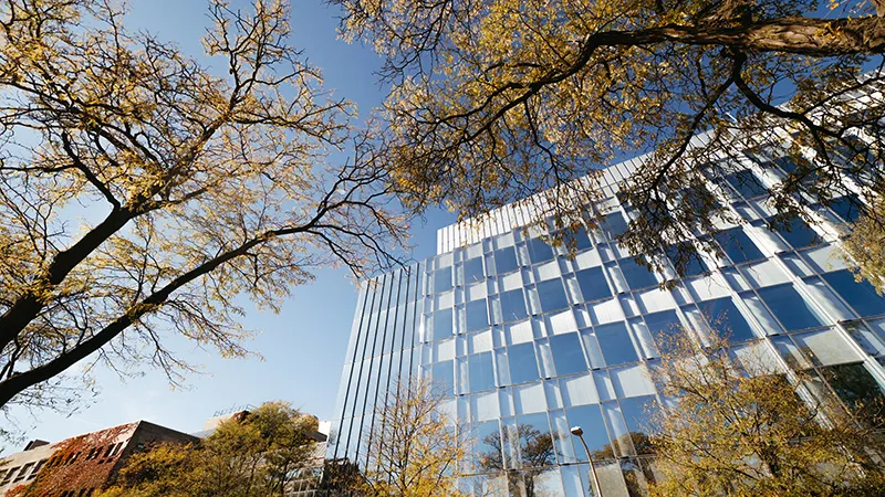 Exterior shot of trees and glass research building