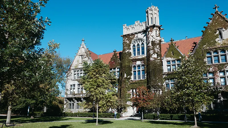 Shot of ivy covered gothic building