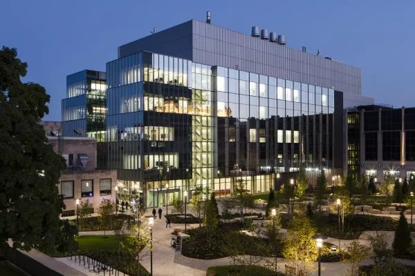 Research buildings at dusk