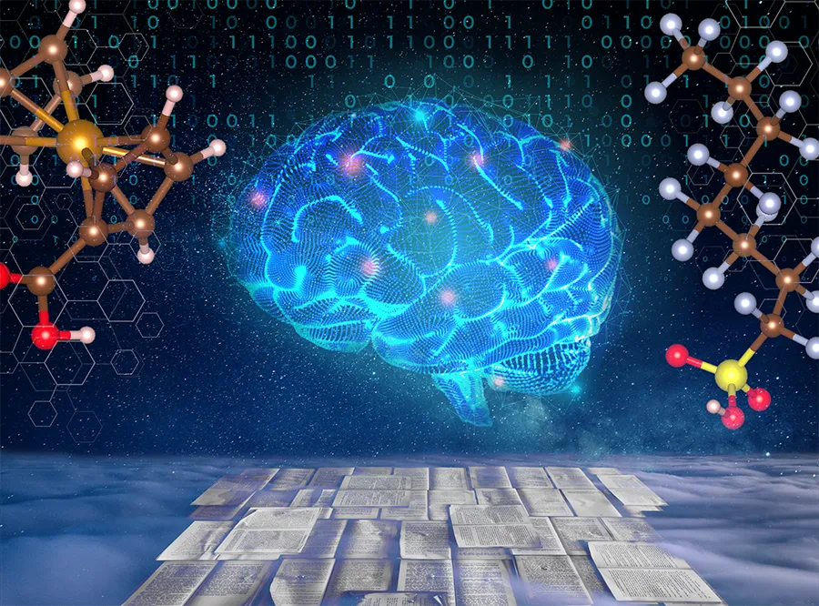Illustration of a brain with numbers and molecules in the background