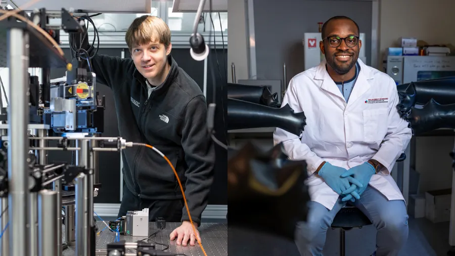 Side by side image of two researchers in separate labs
