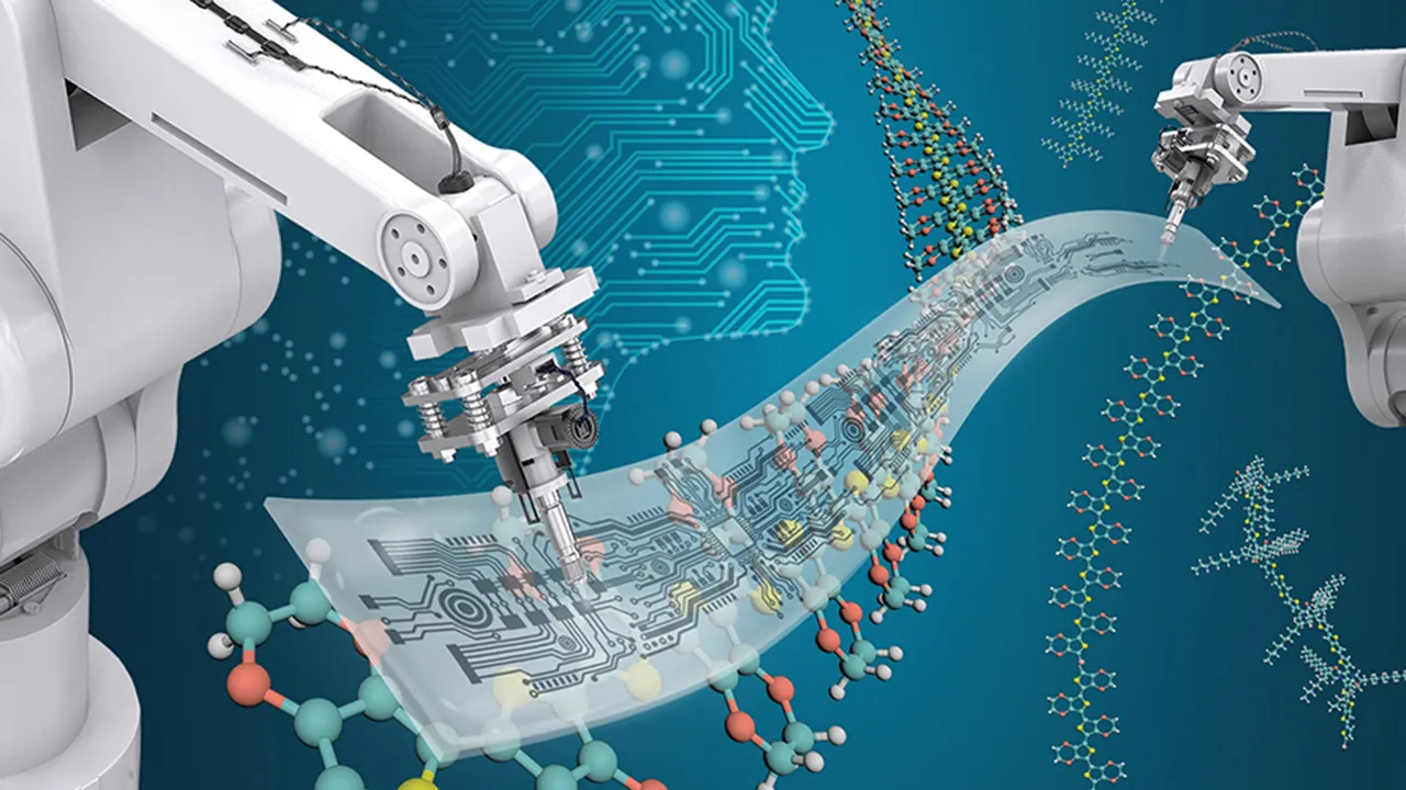 Depiction of robots etching semiconductors
