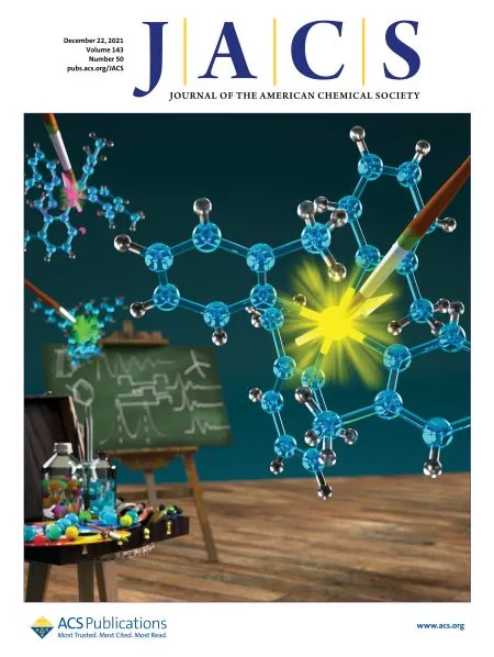 Cover of the Journal of the American Chemical Society featuring a stylized atomic lattice representing quantum defects in silicon carbide. Bright laser beams excite glowing defect centers within the crystal structure, while scientific diagrams and lab equipment in the background reference quantum sensing, spin control, and photonic experiments in solid-state quantum materials.