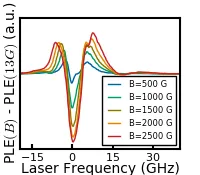 PLE spectrum of a chromium defect in SiC measured under magnetic fields from 500–2500 G. Multiple colored traces show magnetic-field-dependent splitting and shifting of optical transitions, illustrating spin-resolved spectroscopy and magnetic control of Cr defect states.