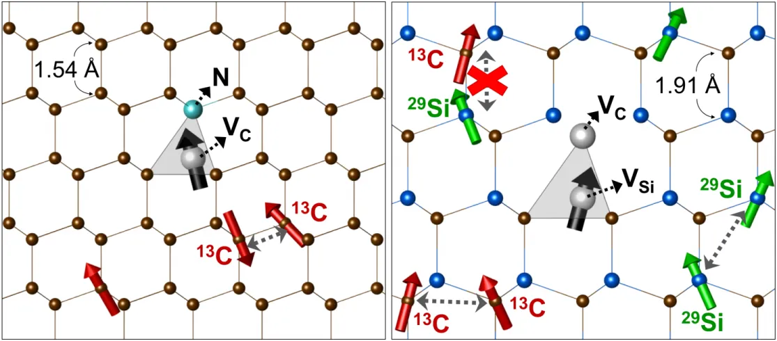 Comparison of defect spin environments in diamond and silicon carbide lattices. The diagrams show nitrogen-vacancy and divacancy defects interacting with nearby carbon-13 and silicon-29 nuclear spins, illustrating mechanisms that influence spin coherence in silicon carbide defects.