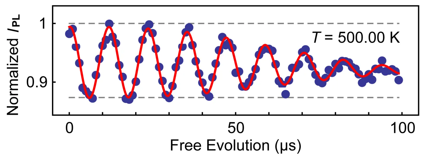 Coherence measurement of an NV center at 500 K. Normalized photoluminescence oscillates during free evolution time, with blue data points and a red fit showing coherent spin behavior at elevated temperature.