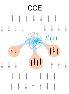 Cluster correlation expansion (CCE) illustration showing an NV center spin interacting with surrounding nuclear spin baths. The diagram depicts spin dynamics and coherence evolution caused by nearby magnetic spin environments in low-dimensional diamond systems.