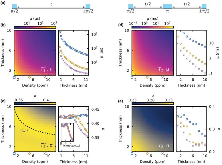 Simulation results for Ramsey and Hahn echo coherence in low-dimensional diamond spin baths. Heatmaps and plots show how coherence times and signal contrast depend on bath thickness and spin density, identifying optimized conditions for preserving NV center spin coherence.