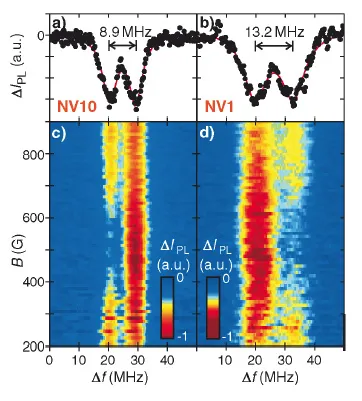 ODMR spectra and frequency-field maps of coupled NV center spins. Resonance splitting reveals spin-spin interactions and polarization transfer between nearby single spins under varying magnetic fields.