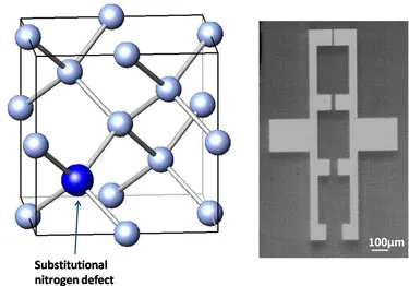 Diagram and microscope image of single-crystal diamond devices containing substitutional nitrogen defects. The figure shows the diamond lattice structure and fabricated electrode geometry used to study long-term charge storage and transport in diamond.