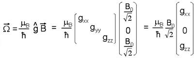 Mathematical expression for spin precession frequency in g-tensor modulation resonance. The equation shows how anisotropic g-factor components and magnetic field orientation determine electrically controllable spin dynamics and resonance behavior.