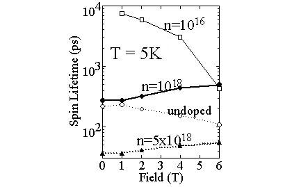 Resonant spin amplification measurements showing long electron spin lifetimes in GaAs. Faraday rotation signals are plotted versus magnetic field for pump-probe delays of 10 ps and 1 ns. Experimental data and fitted curves demonstrate coherent spin precession and long-lived spin coherence in gallium arsenide.