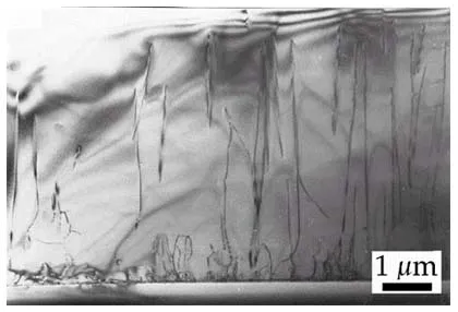 Transmission electron microscopy image of GaN material showing vertical structural defects and dislocations extending through the crystal. The micrograph highlights defect formation and material quality at the micrometer scale, which strongly influence spin coherence and optical properties in gallium nitride quantum systems.