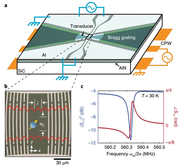 Silicon carbide acoustic resonator used for spin-photon interactions. Panels show the device layout, Bragg grating cavity, microscope image, and resonance spectrum near 560.3 MHz, demonstrating acoustic confinement for coupling defect spins to mechanical modes.