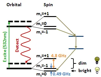 Energy-level diagram of a strongly driven NV center spin in diamond. Optical excitation and microwave transitions between spin states enable bright and dim fluorescence used to study gigahertz spin dynamics and coherent quantum control.