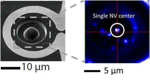 Scanning electron microscope image of a nanoscale device with a highlighted measurement region beside a fluorescence map identifying a single NV center. Crosshairs and a circular marker indicate the isolated quantum defect used for nanoscale sensing experiments.