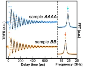 Time-resolved Faraday rotation and Fourier transform spectra from molecularly bridged quantum dots. Oscillating spin coherence signals reveal coupled spin dynamics and distinct spin precession frequencies in electronically linked nanocrystal samples.