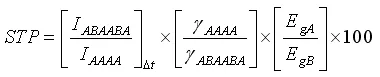 Equation defining spin transfer percentage in molecularly bridged quantum dots. The expression relates measured spin amplitudes, dephasing rates, and energy gaps to quantify coherent spin transfer efficiency between coupled nanocrystals.