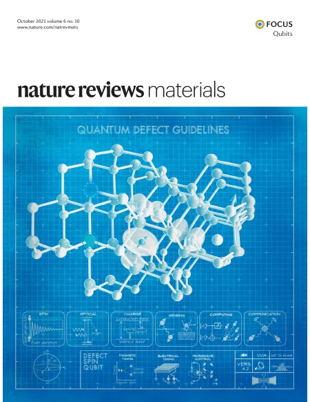 Cover of Nature Reviews Materials featuring a blueprint-style scientific illustration of a complex quantum defect lattice structure composed of interconnected white spheres and rods on a blue grid background. The cover includes technical diagrams and labels related to qubits, spin defects, optical control, and quantum communication beneath the central structure.