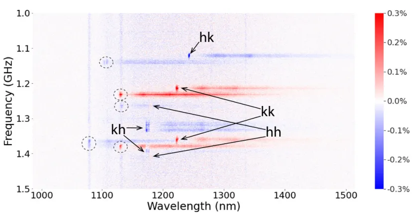 Photoluminescence excitation map of nitrogen-vacancy (NV) centers in SiC showing optical transitions for hh, kk, hk, and kh defect configurations. Frequency is plotted against wavelength, with red and blue contrast indicating spin-dependent optical response. The figure highlights distinct NV center resonances used for spin control and spectroscopy in silicon carbide.
