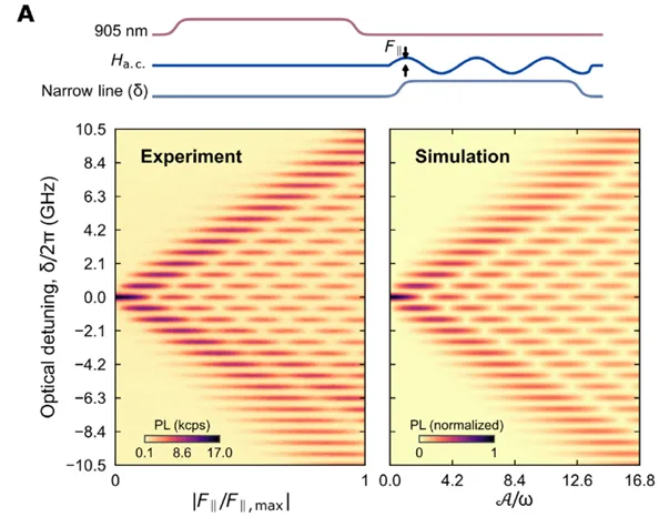 Experimental and simulated interference patterns from electrically driven optical interferometry in silicon carbide defects. Heatmaps show photoluminescence response as optical detuning and driving amplitude vary, revealing coherent modulation and protected quantum transitions.