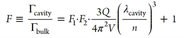 Equation defining the Purcell enhancement factor, relating cavity and bulk emission rates to cavity quality factor, mode volume, wavelength, and refractive index for enhanced spin-photon interactions.