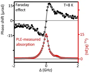Faraday rotation and optical absorption measurements of a single NV center in diamond. Resonant optical excitation produces spin-dependent phase shifts used to study spin-light coupling.