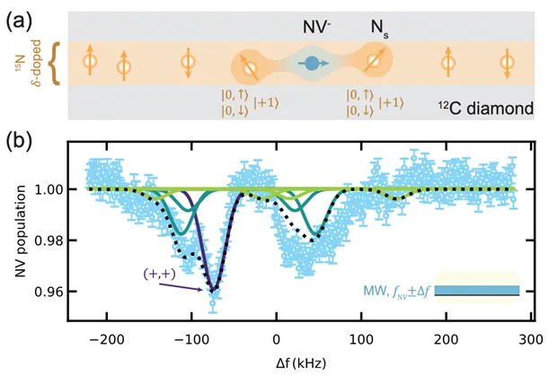 Schematic and spectroscopy data showing an NV center coupled to nearby substitutional nitrogen spins in a nitrogen-doped diamond layer. Frequency-dependent measurements reveal interactions between the NV quantum spin probe and surrounding charge or spin defects during single-charge dynamics experiments.