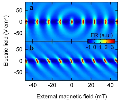 Faraday rotation maps versus electric and magnetic field showing coherent spin dynamics in strained semiconductors. Oscillatory spin interference patterns reveal electric-field-driven spin manipulation without requiring external oscillating magnetic fields.