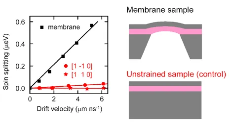 Comparison of strained membrane and unstrained semiconductor samples. Spin splitting increases strongly with drift velocity only in the strained membrane, demonstrating that strain enables electrically controlled spin manipulation without magnetic fields.