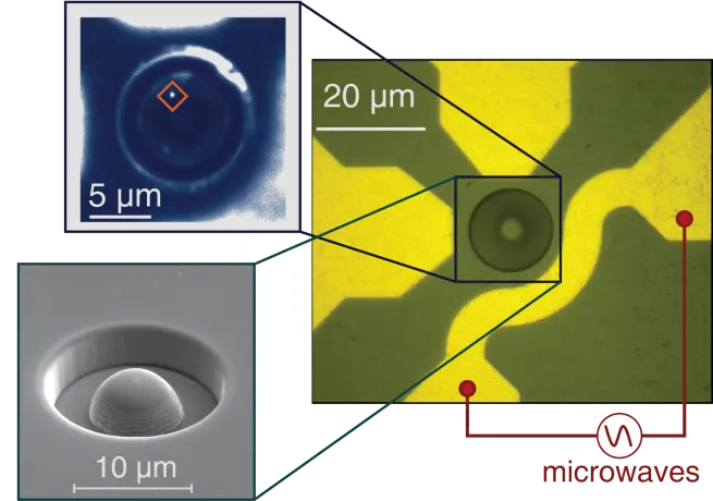 Microscope and electron microscope images of a diamond device integrated with microwave structures. The setup enables ultrafast optical and microwave control of single NV center spin and orbital states.