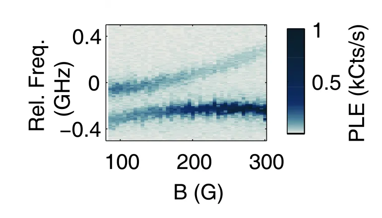 Photoluminescence map versus magnetic field showing resonance behavior of a single NV center. The measurements track spin and orbital state evolution during ultrafast control experiments.